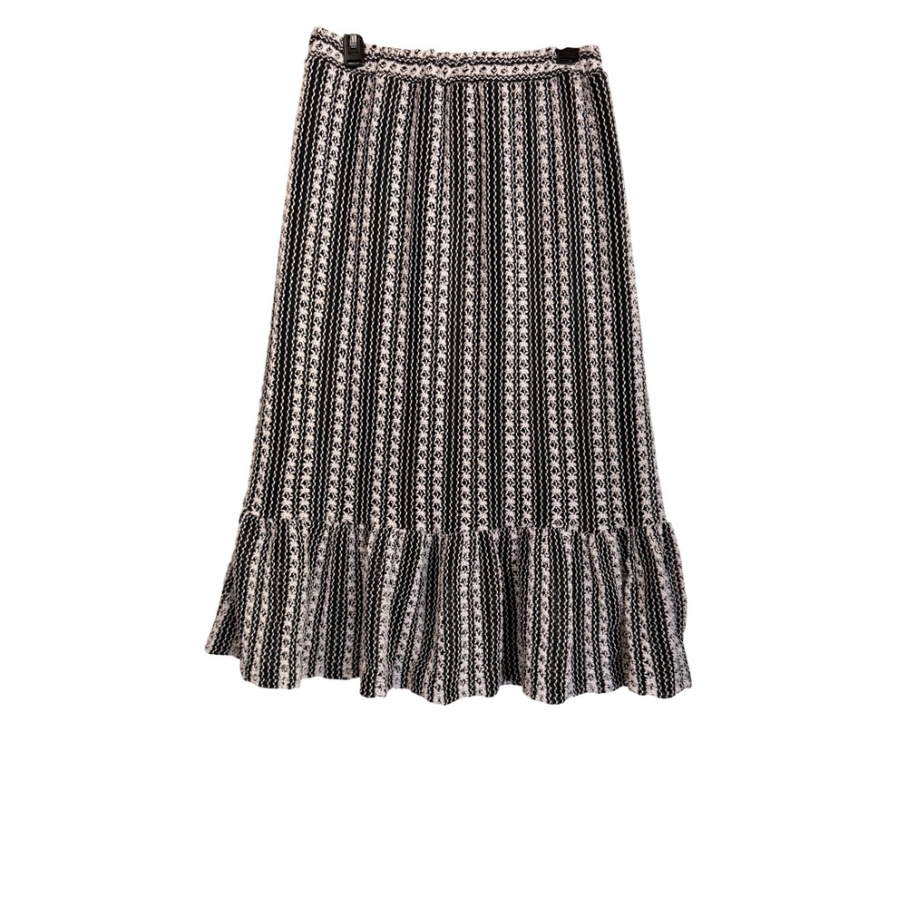 Y2K Kings Road Womens Black White Striped Ruffle Hem Chic Midi Skirt Size S